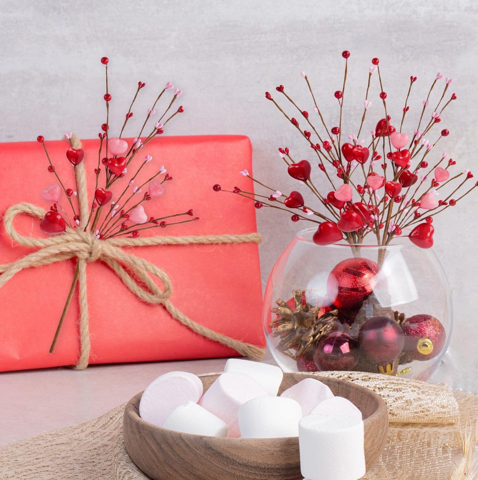 Valentine’s Day Decorations – 6 Pcs Heart Picks with Red Pink Flowers & Berries