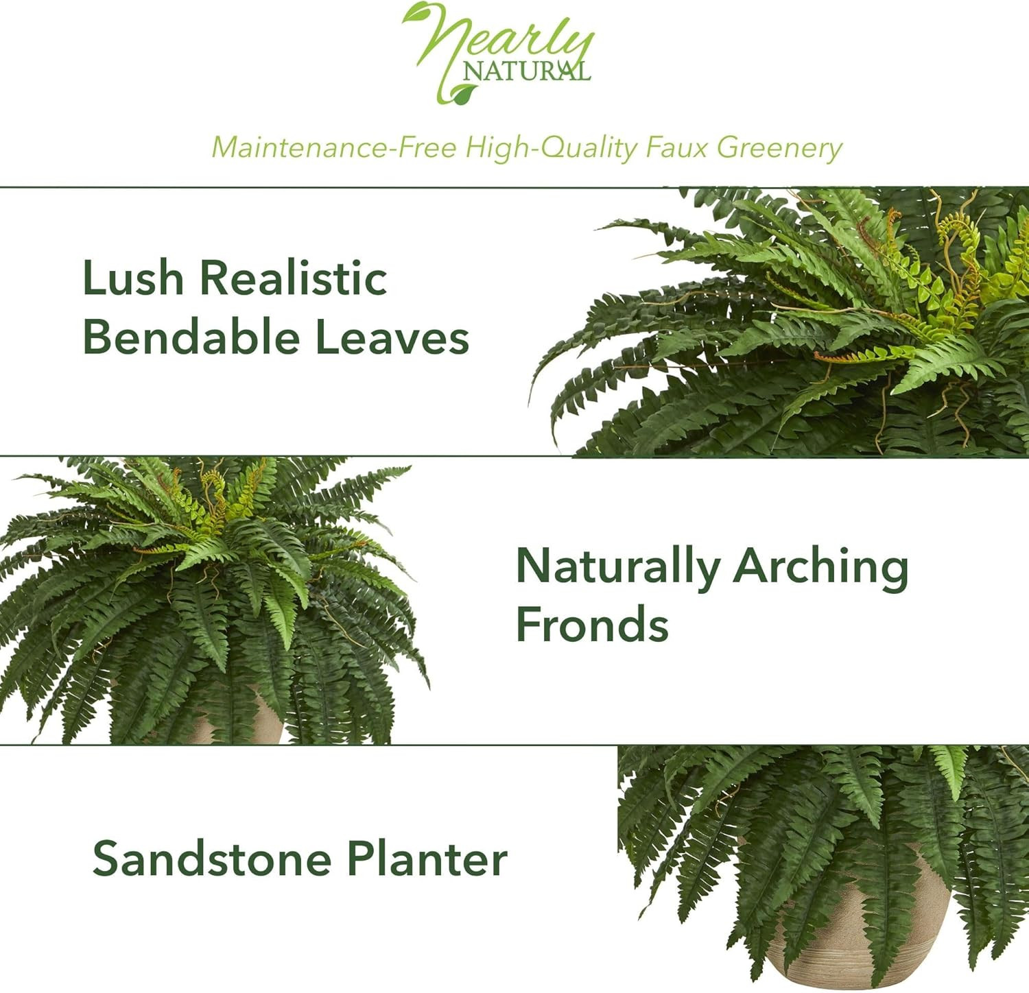 22″ Boston Fern Artificial Plant in Sandstone Planter, Green