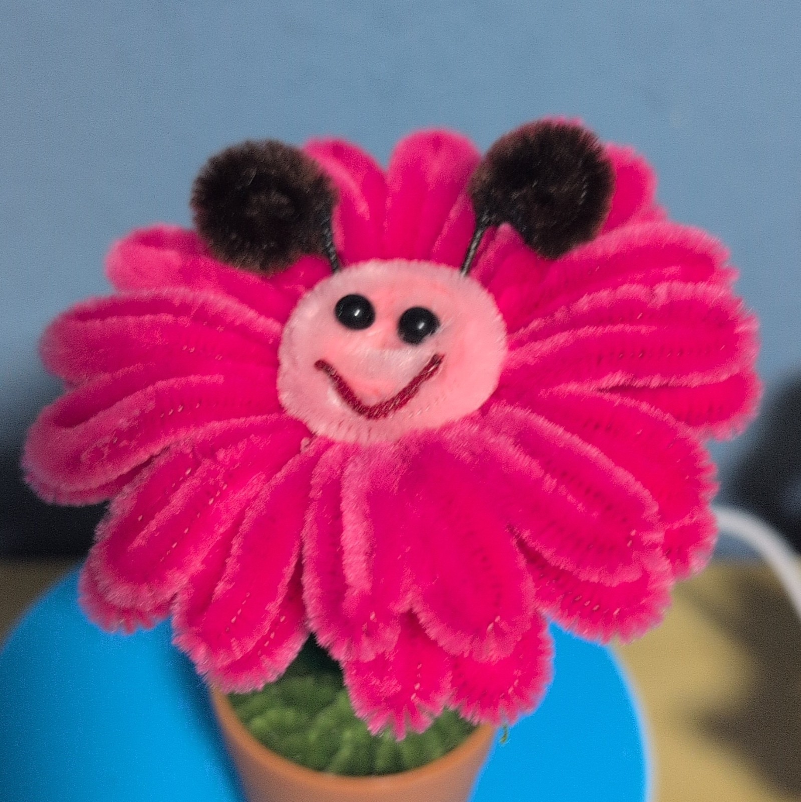 Artificial Pink Flower Arrangement in Pot with Smiley Face Bee Decor 3 in