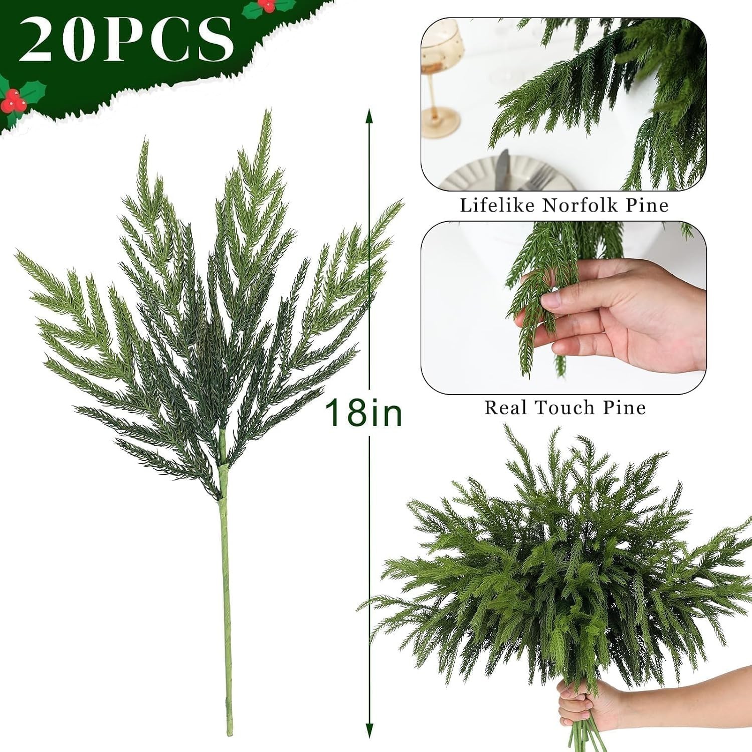 20 Pcs 18″Lifelike Touch Artificial Norfolk Pine Branches for Christmas | Rea…