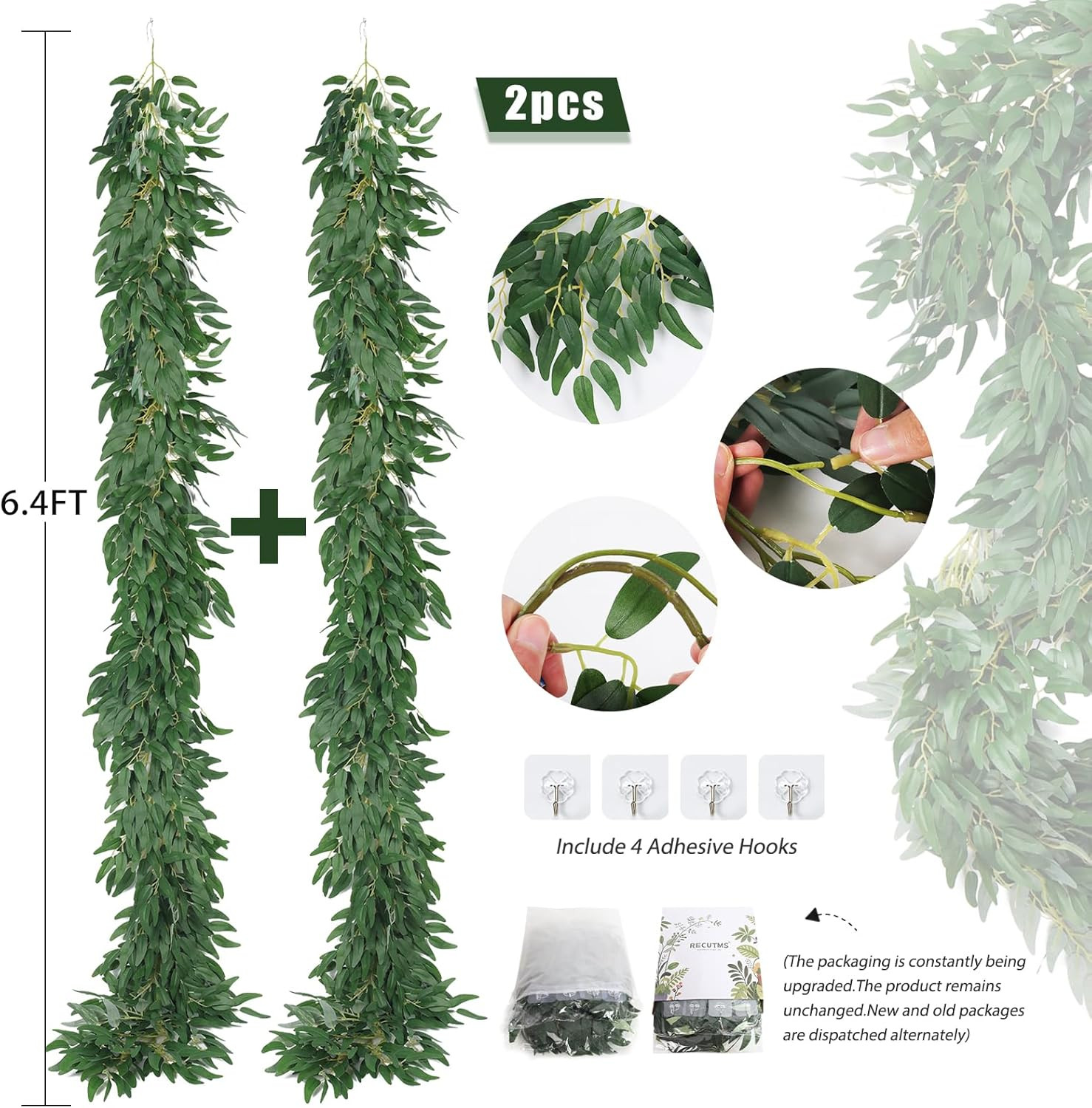 Artificial Willow Leaves Vine Twigs 2Pcs 6Ft Fake Hanging Plant Silk Willows Lea