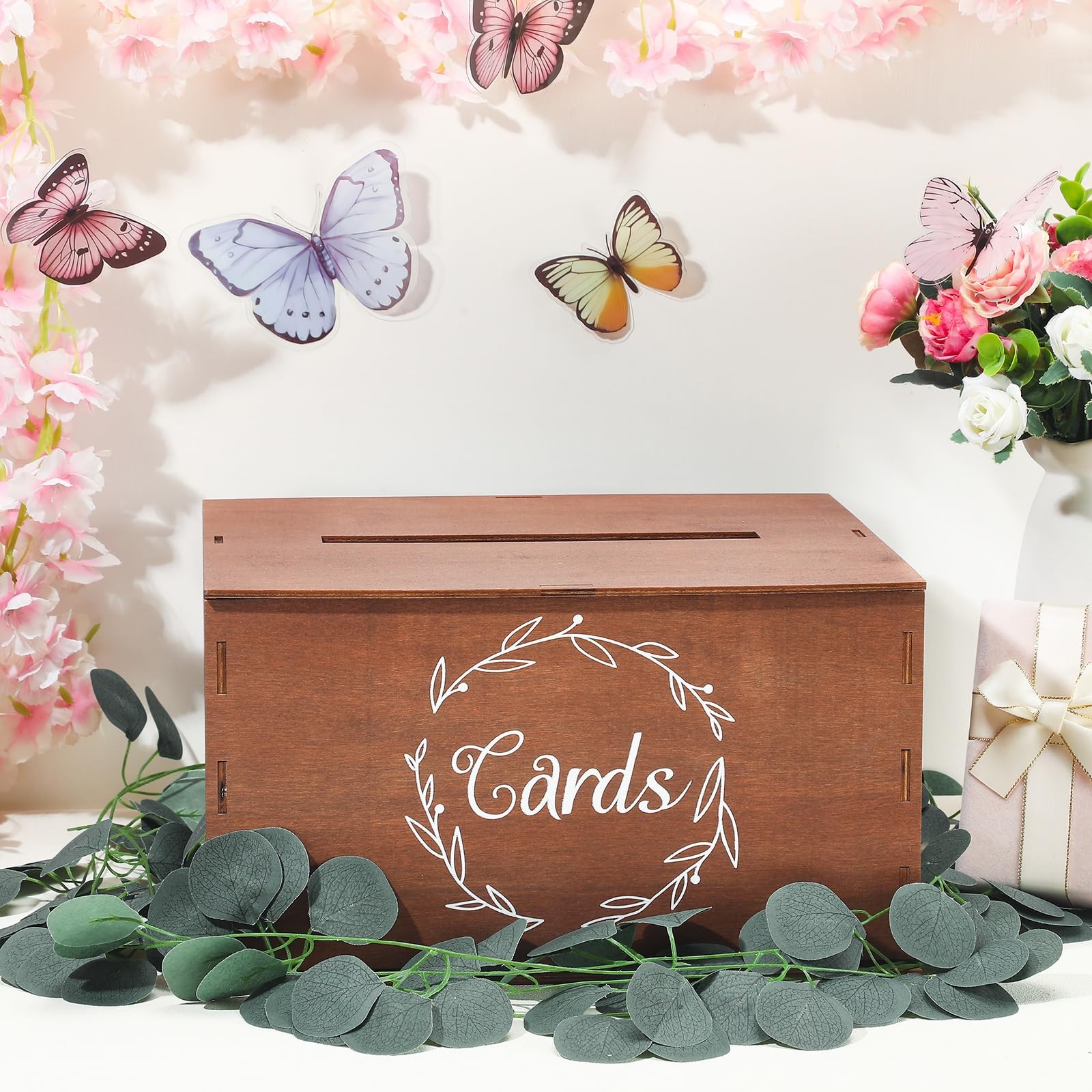 Wooden Wedding Card Box Slot Lid Artificial Eucalyptus Branch Decor