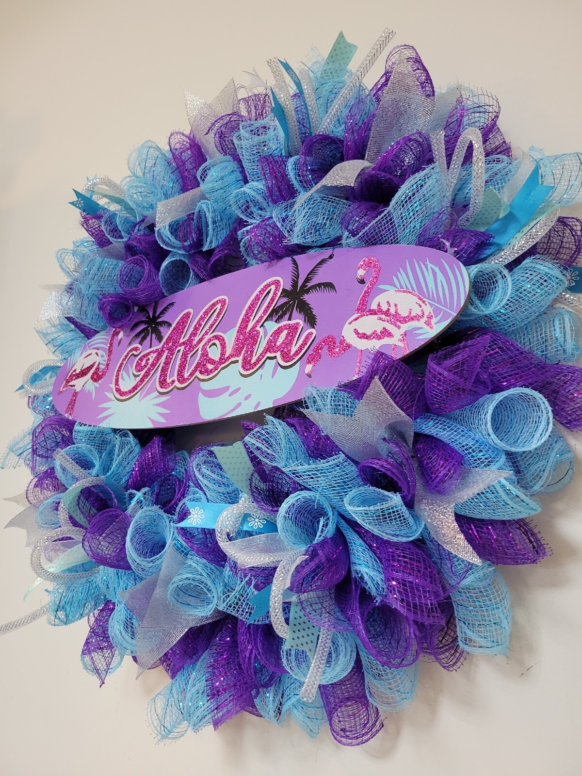 ALOHA Summer Spring Mesh Front Door Wreath Wall Decor BRIGHT Purple Pink Blue