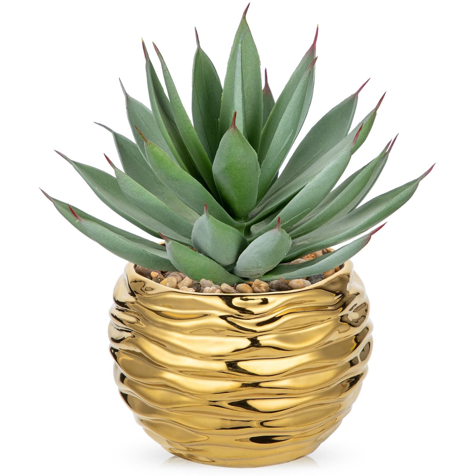 Artificial Succulent Plant in Gold Pot, 8.3” Tall Faux Agave Plants, Realisti…