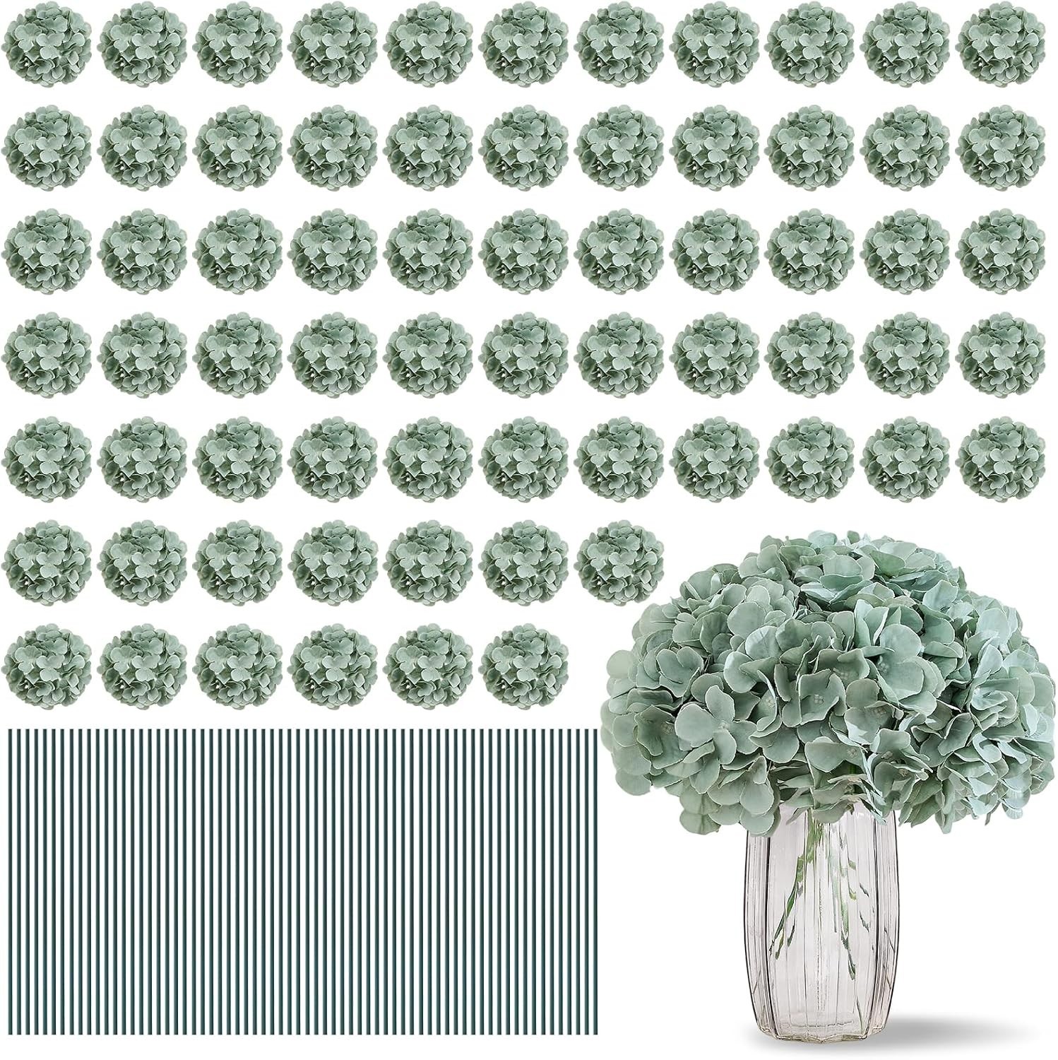 100ct Sage Green Artificial Hydrangea Blooms – Lush Silk Floral Wedding Decor