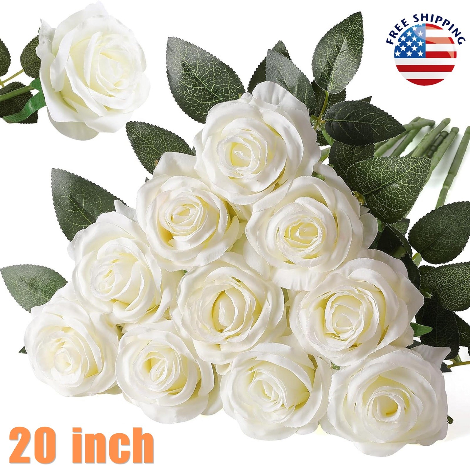 20× Artificial White Roses Fake Flower Silk with Single Stems Real Touch Gift US