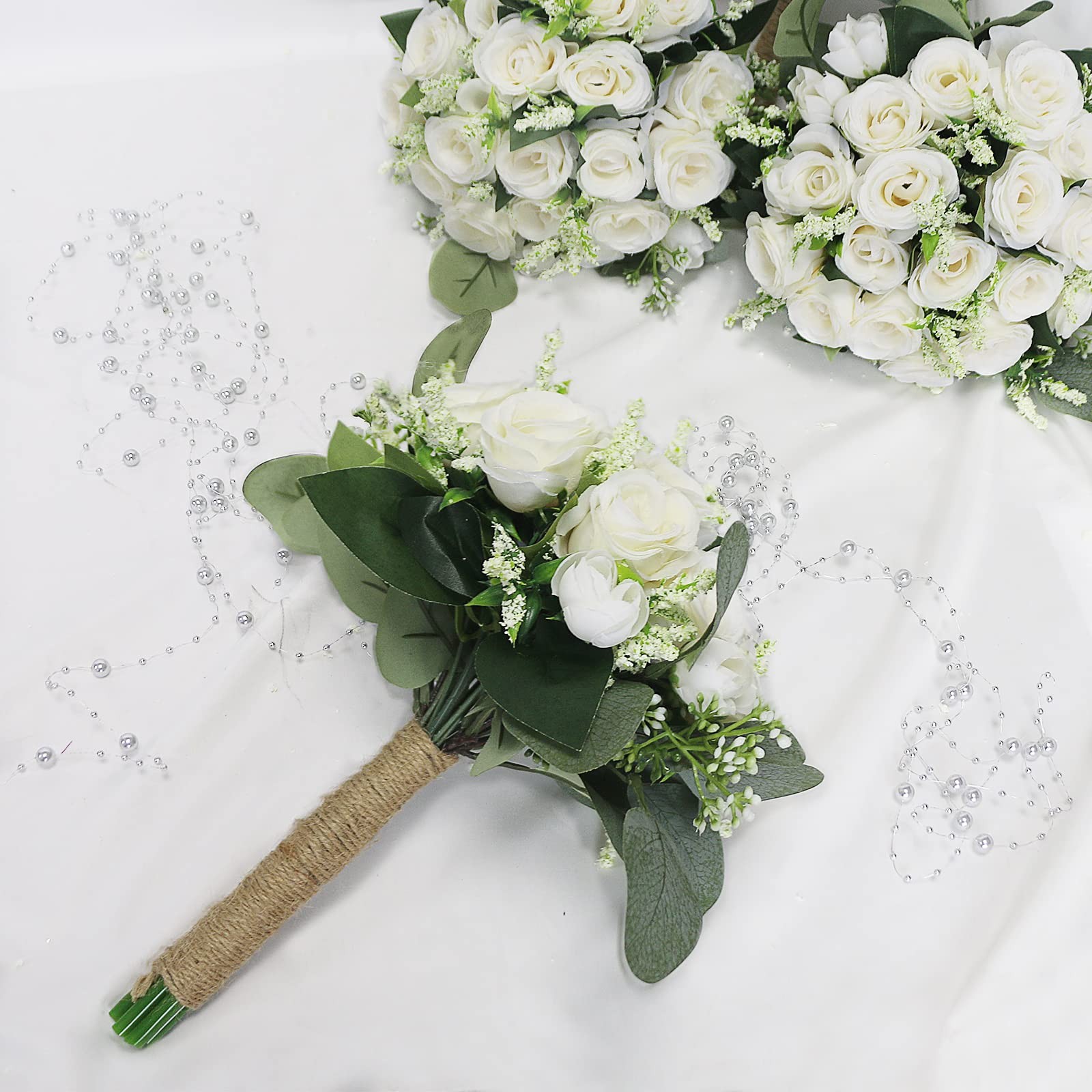 Set of 2 Bridesmaid Bouquets for Wedding – 7 Inch Artificial Ivory Flower Bou…