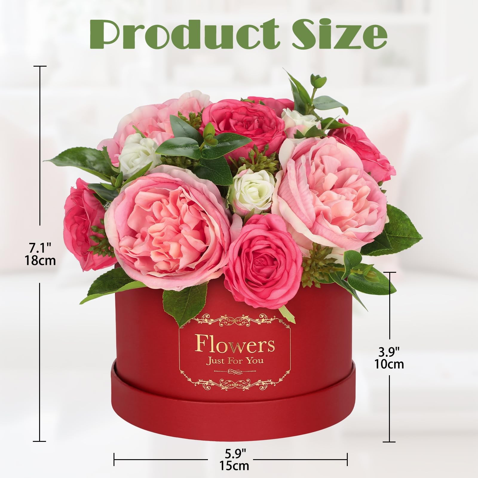Red Pink Artificial Peonies Roses in Vase Round Gift Box Floral Arrangement
