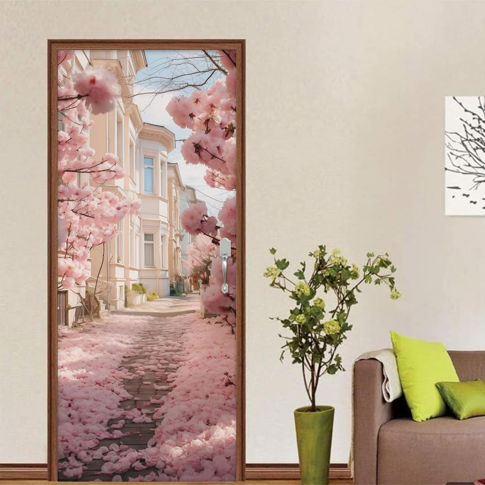 Pink Cherry Flower Blossom Pathway Landscape Peel and Stick Door Stickers Vinyl