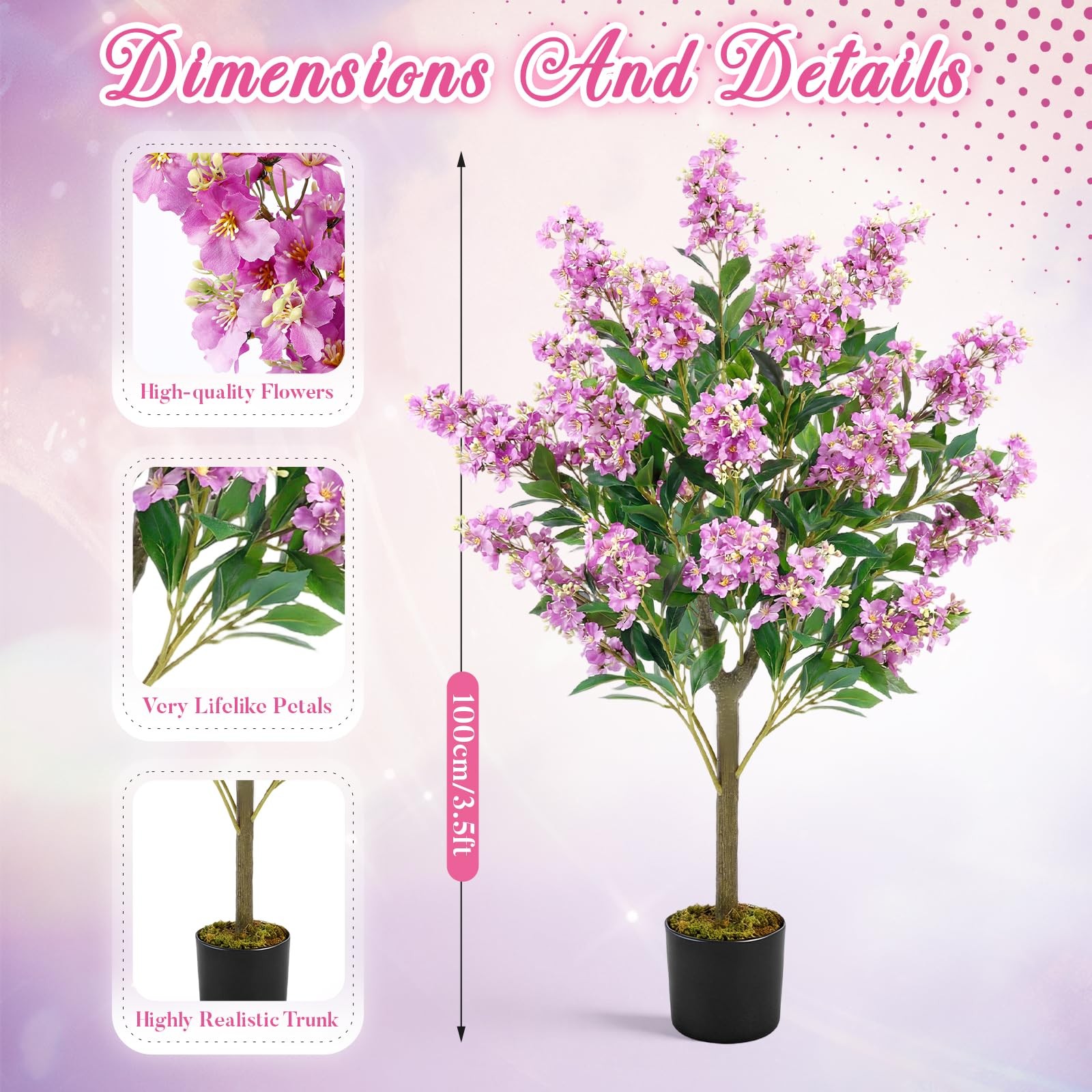 1 Pack 3.5 ft Artificial Purple Crape Myrtle Tree Plant, 42 Inch Faux Bloomin…