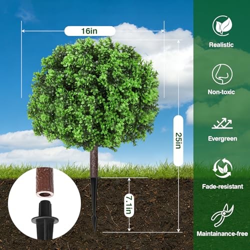 Artificial Topiary Ball Trees 25″ Set of 2, UV Resistant Faux Plants Boxwood