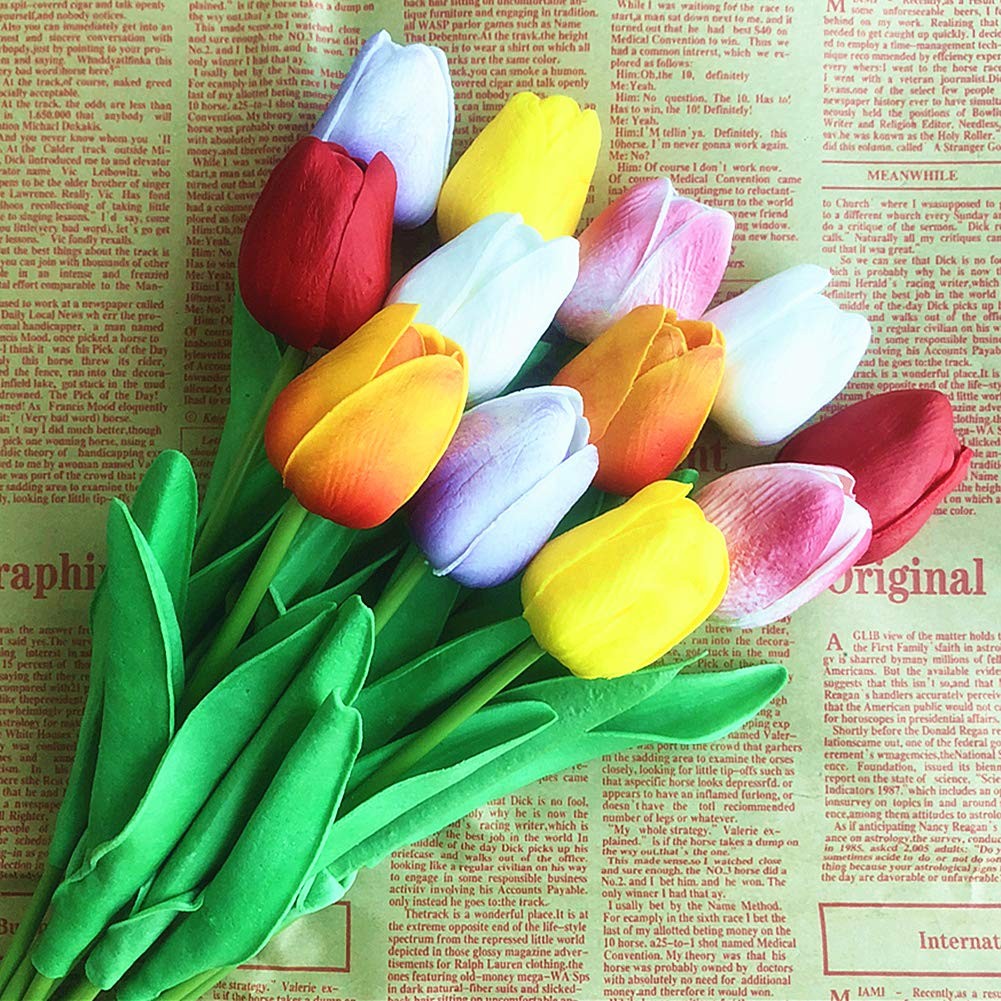 12 PCS Colorful Artificial Tulips Real Touch PU Flower Bouquet Home