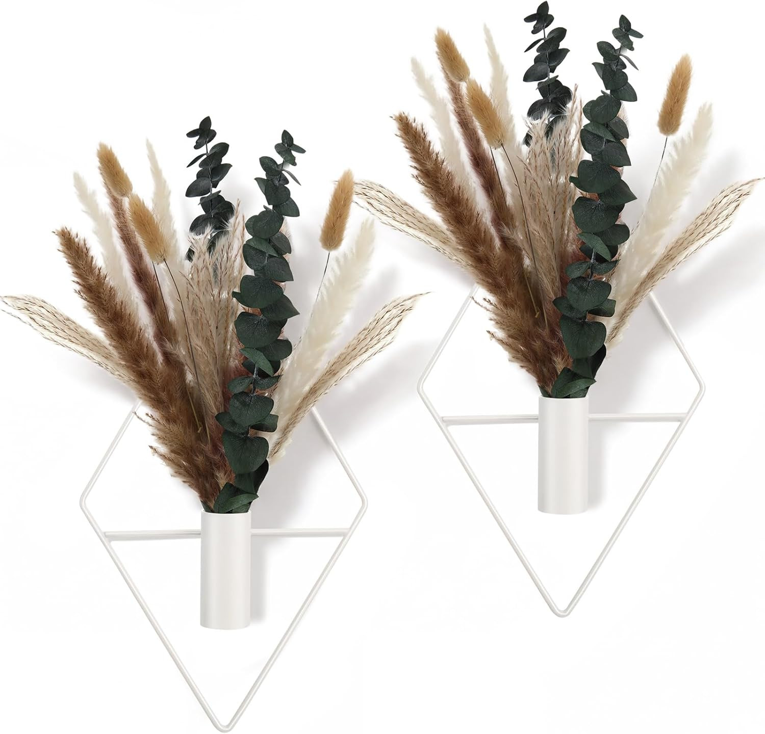 4 Pcs Hanging Planters with Artificial Pampas Eucalyptus Metal Hanging Vase Indo