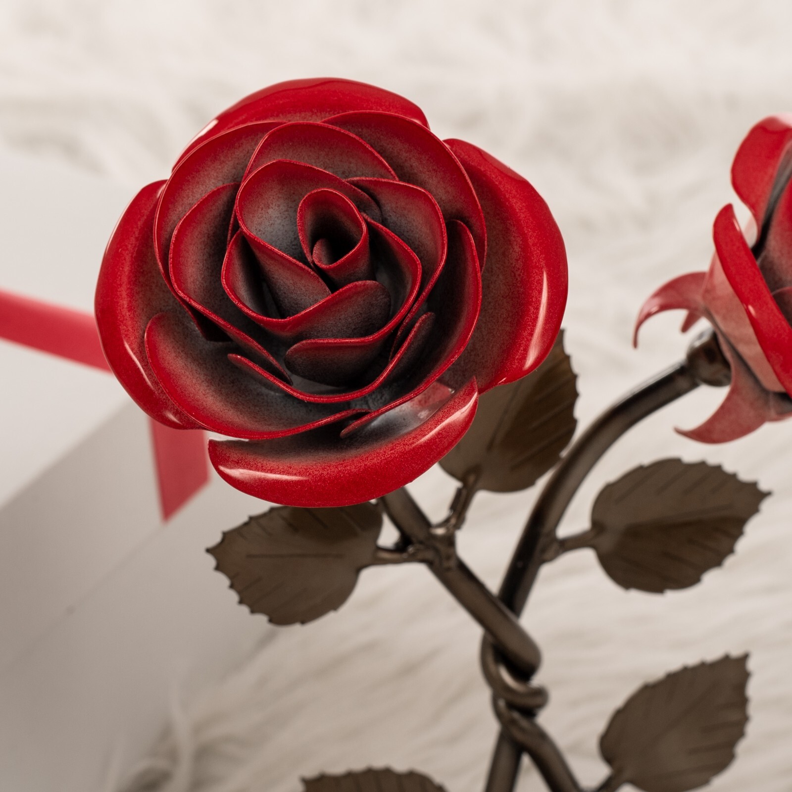 Hand-Forged Double Red Metal Rose with Twist – Iron Anniversary Gift
