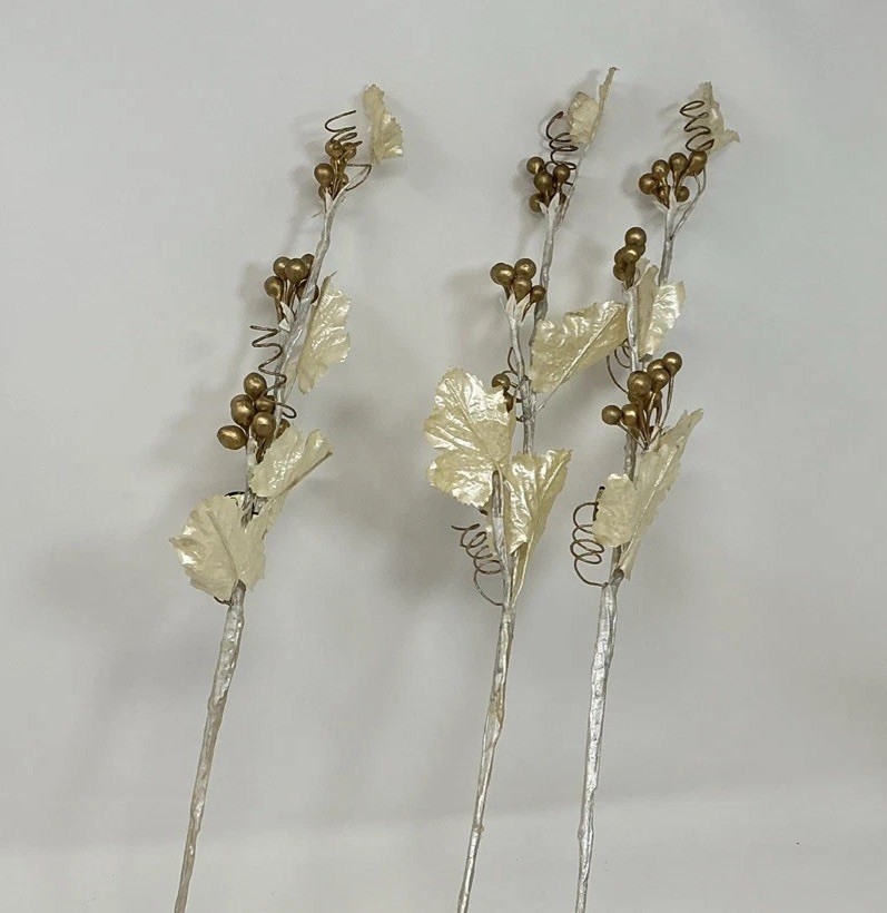 Gold Berry White Leaf Floral Pick 30” Long 3 Picks Christmas Vase Filler NOS