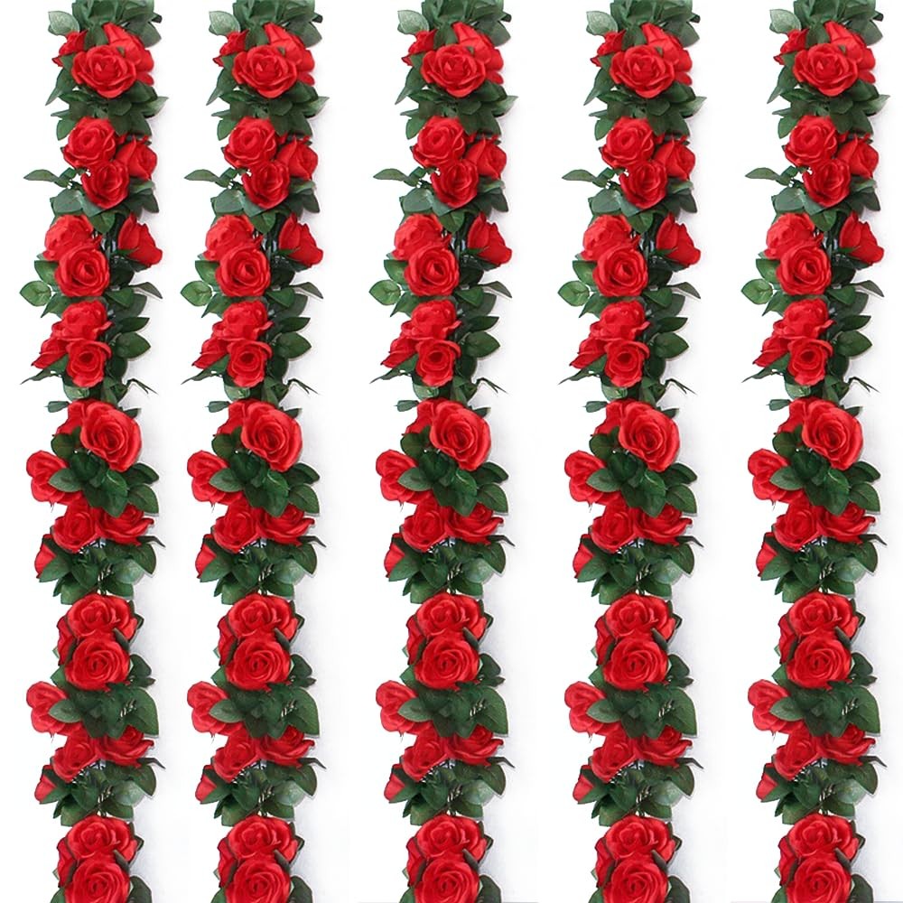 5PCS Fake Rose Vine Flowers Plants Artificial Flower Hanging Red Rose Ivy Hom…