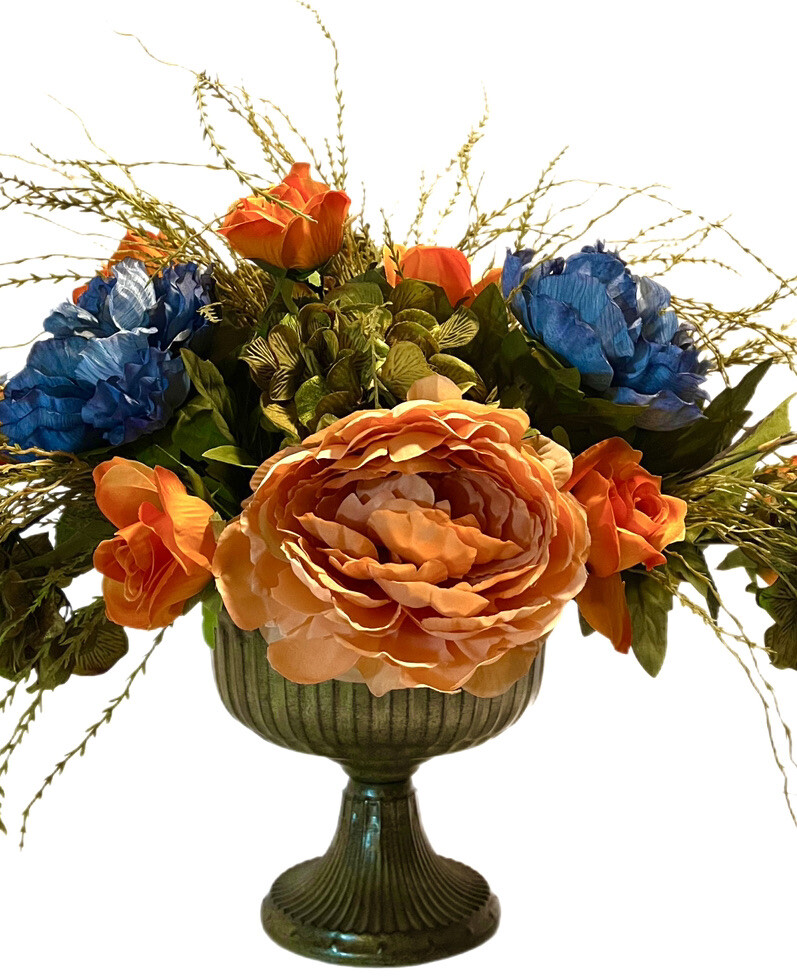 Floral arrangement Blue Orange Olive 22” Peony Rose Hydrangea Modern Centerpiece