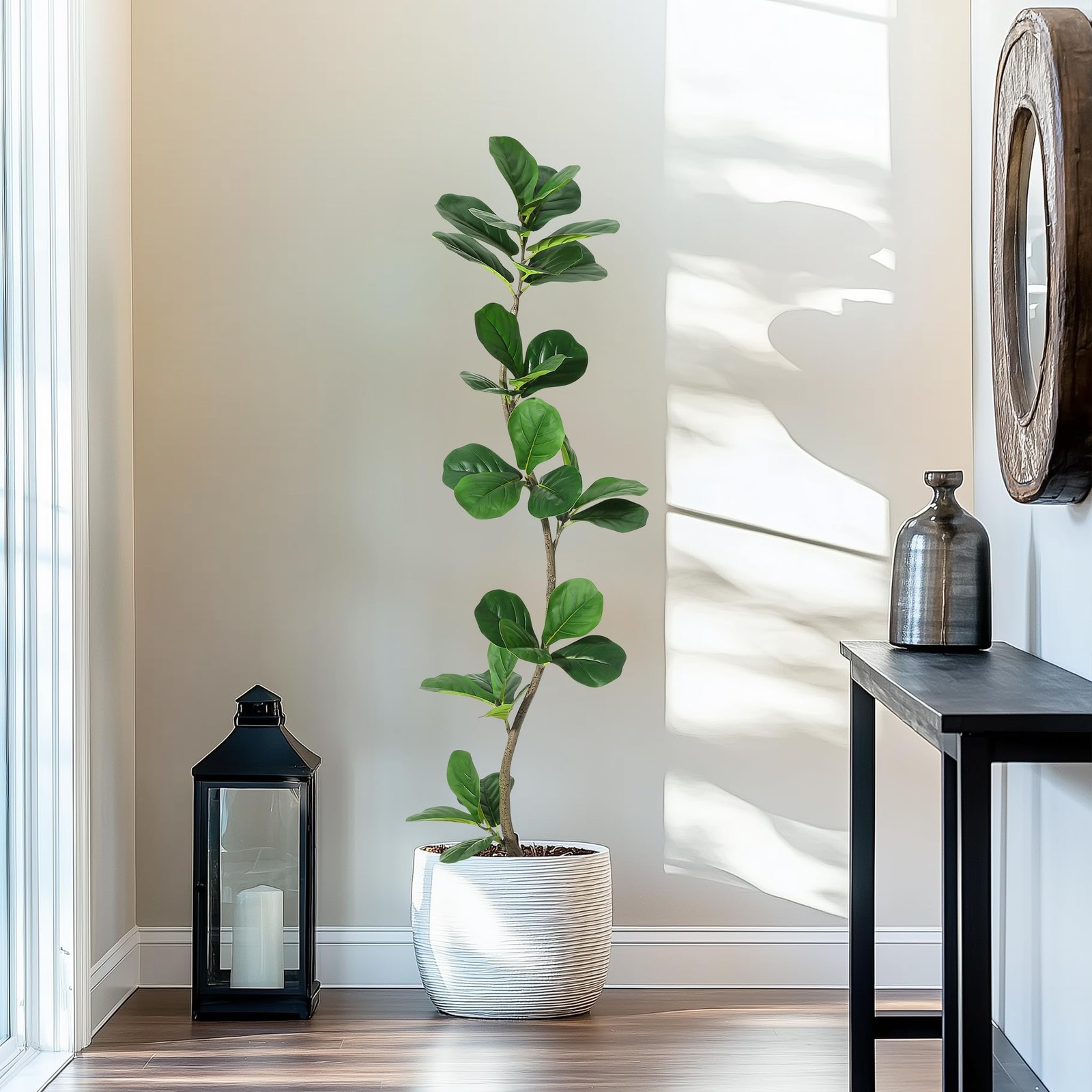 Artificial Fiddle Leaf Fig Tree – 5 ft Fake Plant with Black Nursery Planter,…