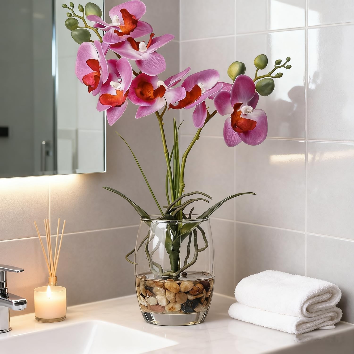 Artificial Purple Orchid Arrangement with Glass Vase – Low Maintenance Decor