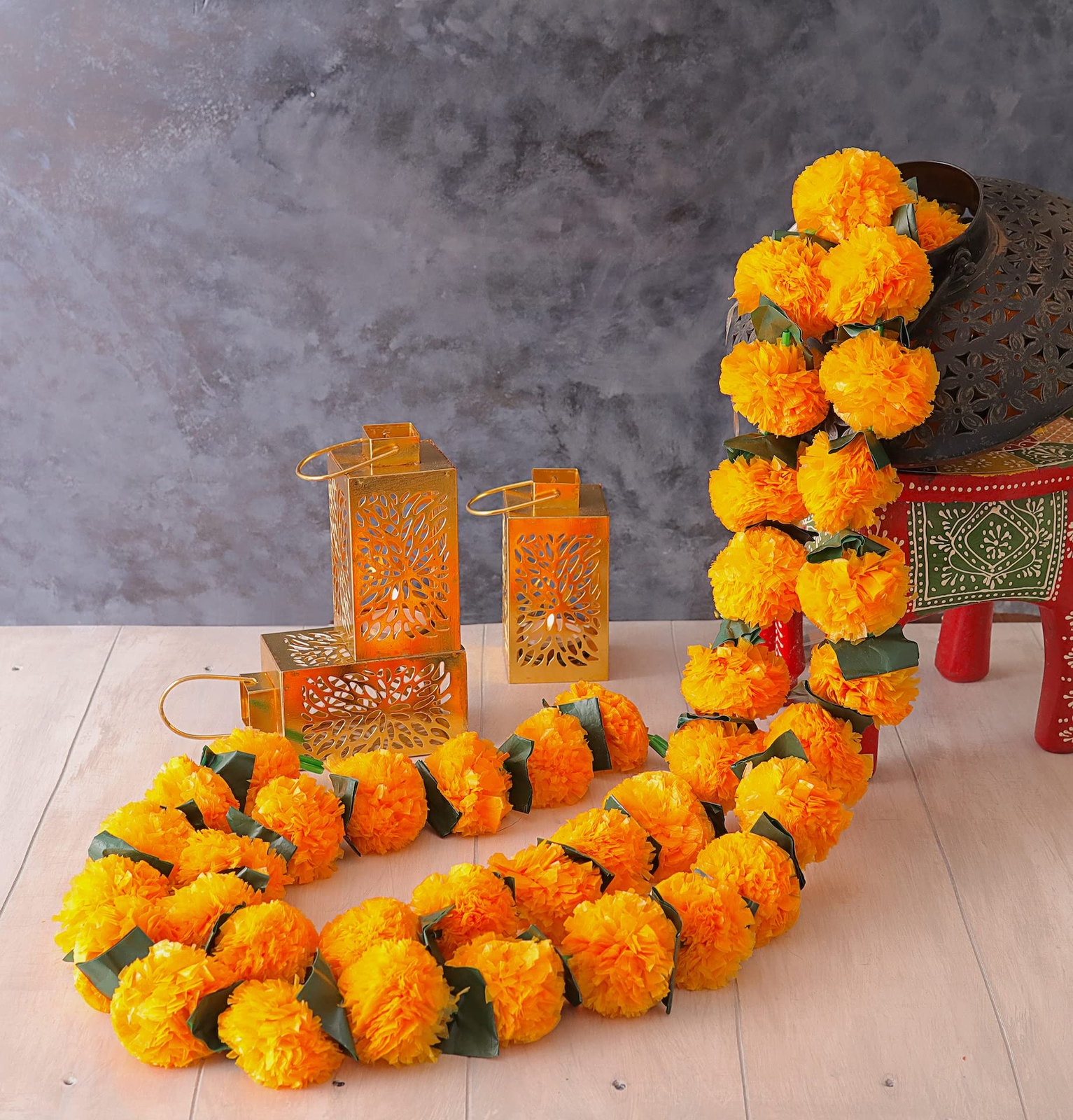 5 Pcs Golden Yellow Orange Marigold Flower Garland 4.5 Feet Indian Decor