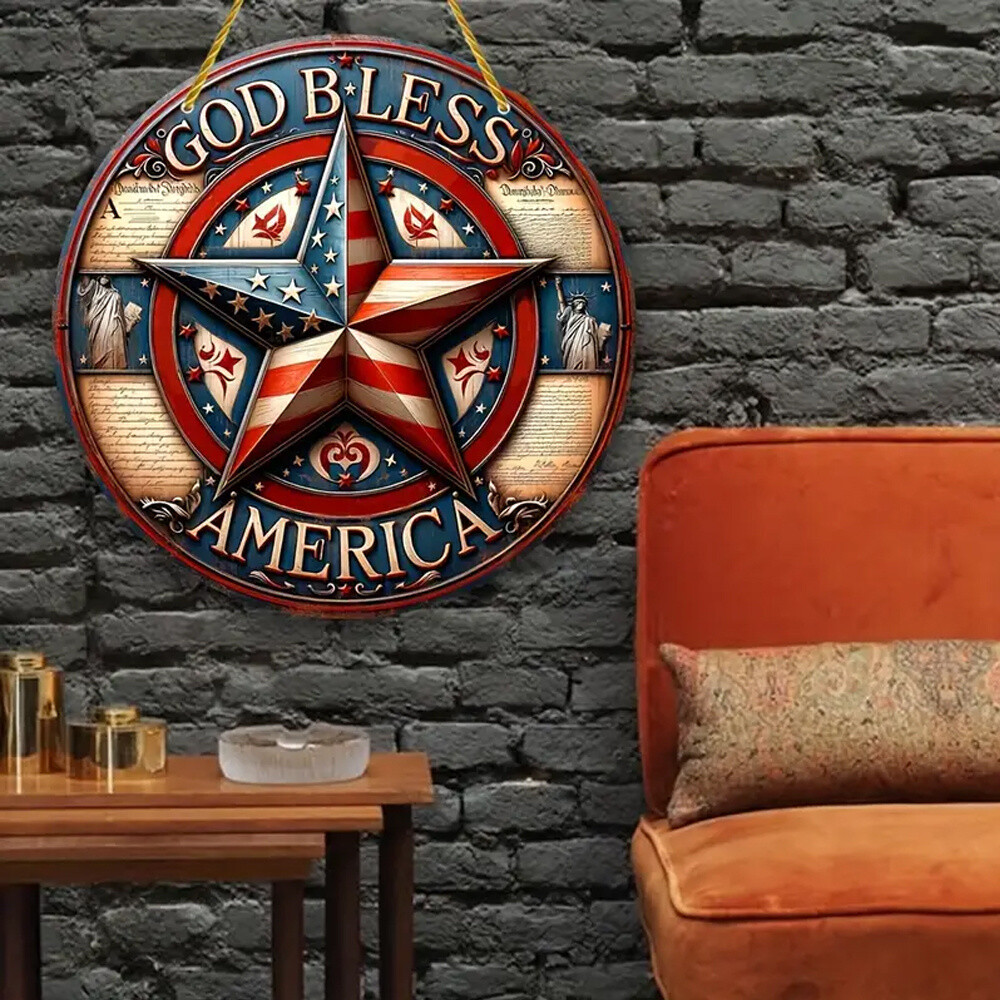 1 PC God Bless America Independence Day Sign American Star Round Acrylic Sign