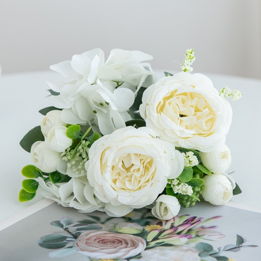 Wedding Bouquet with Silk Peony Hydrangea Flowers for Home Decor Display
