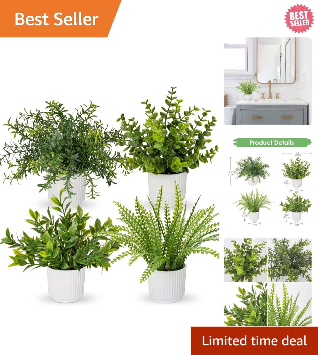 4 Pack Faux Plants: Eucalyptus, Rosemary & Fern for Elegant Indoor Decor