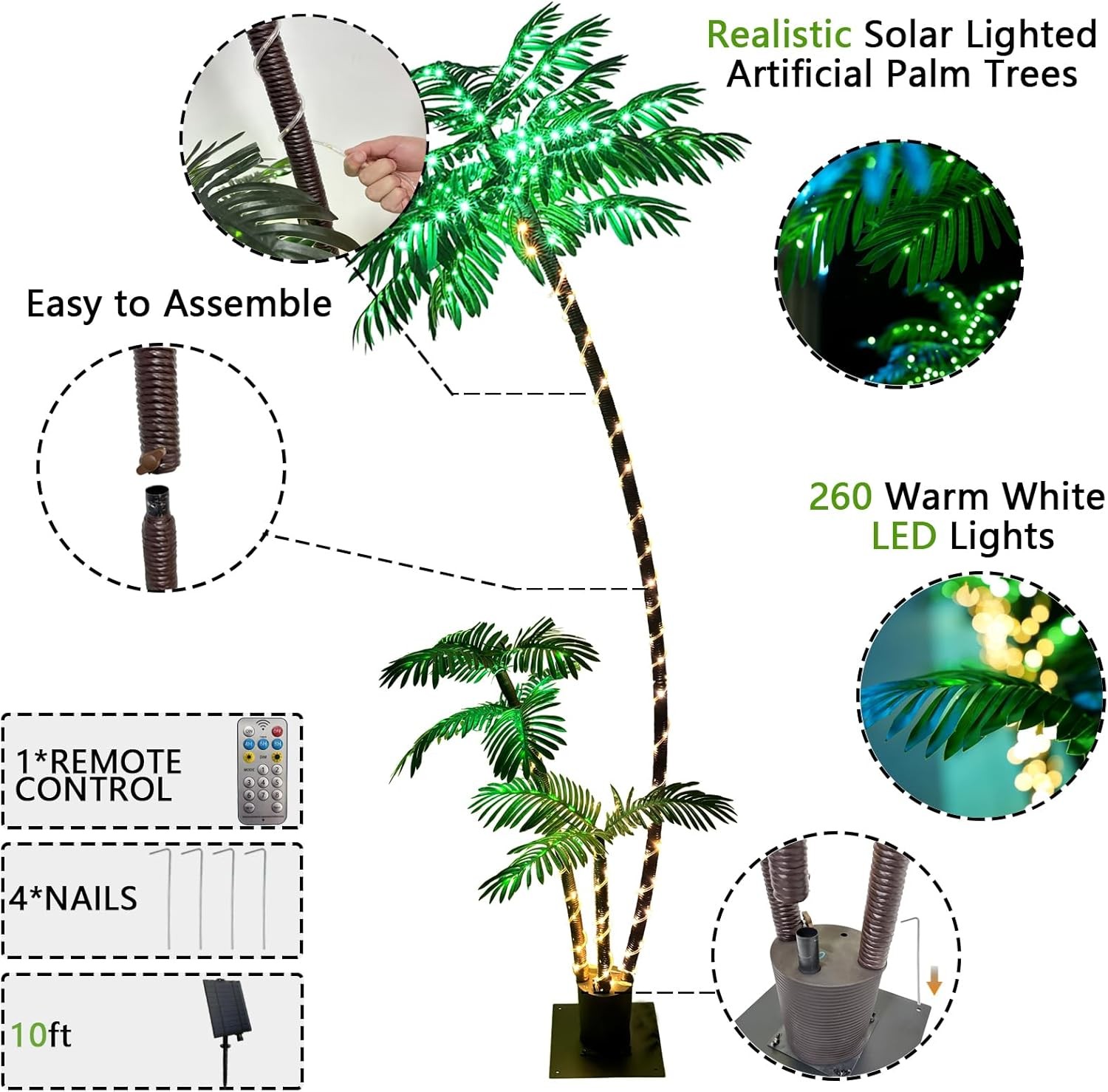 7FT Solar Lighted Palm Trees for Outside Patio Light Up 260 LED Warm White
