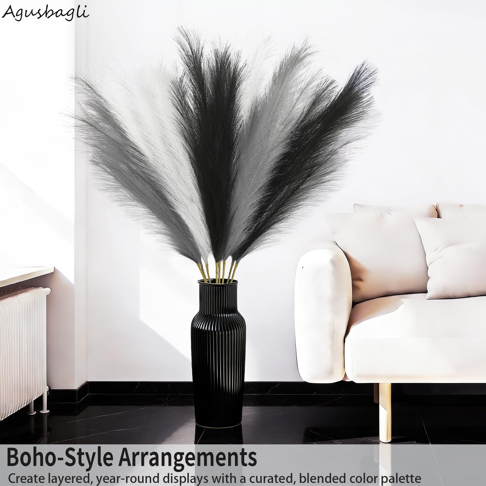 8 Pcs Black Faux Pampas Grass Decor 35“ Fluffy Tall Artificial Colored Pampas…
