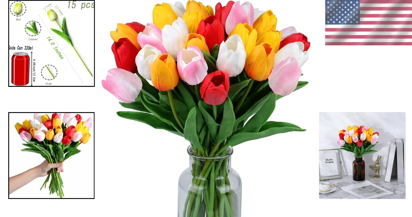 Assorted Colors 15pcs Fake Tulips – Perfect for Centerpieces & Bridal Bouquets