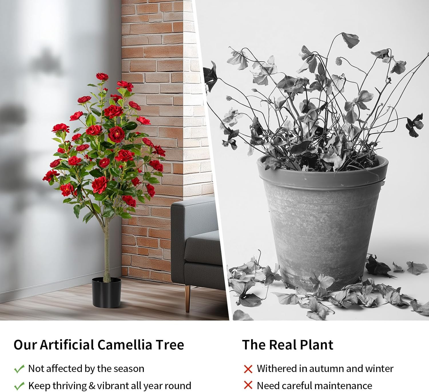 4FT Artificial Camellia Tree Set – Faux Floral Plants in Cement Pots