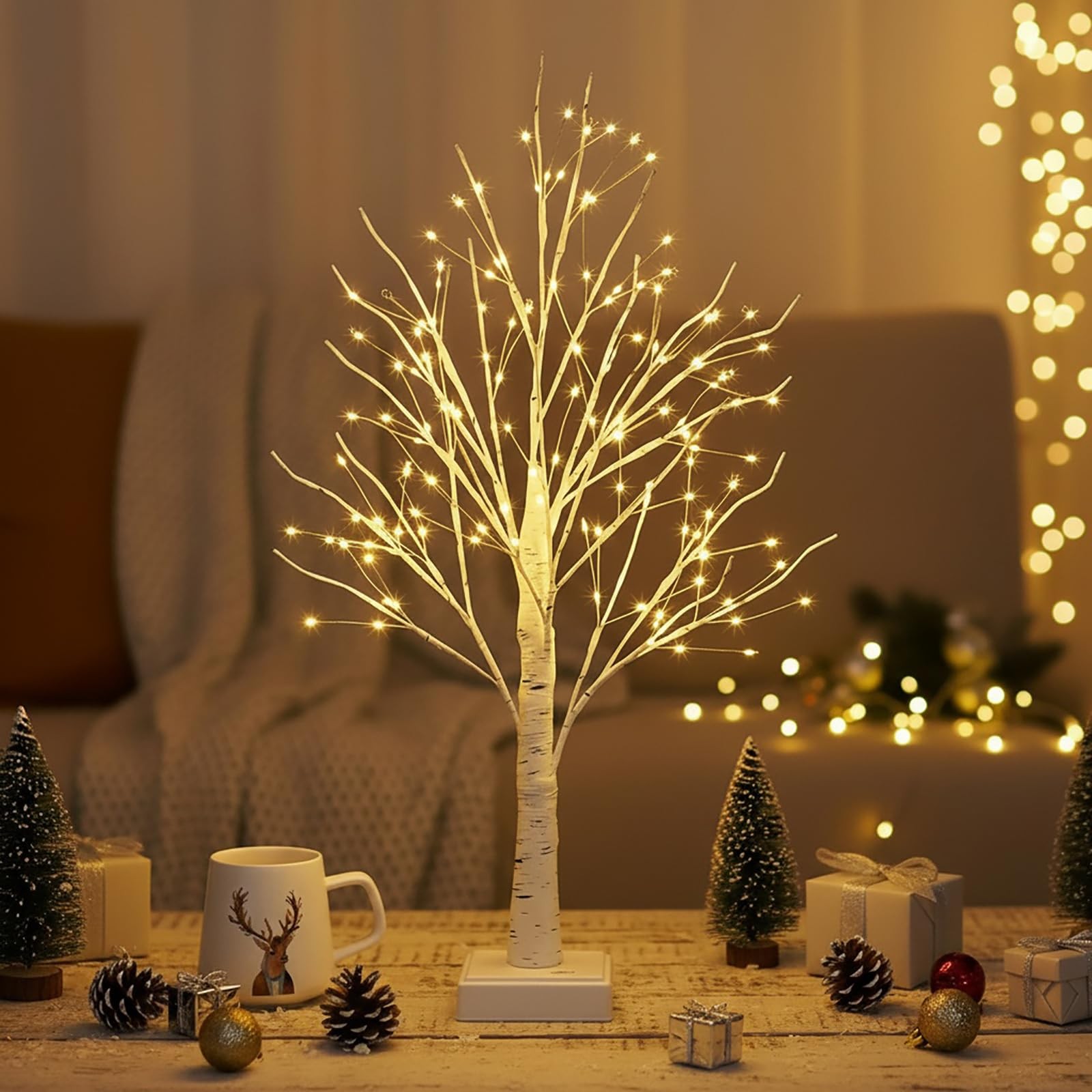 2 FT 144 LED White Light Up Birch Tree Tabletop Lamp Timer Indoor Home Decor