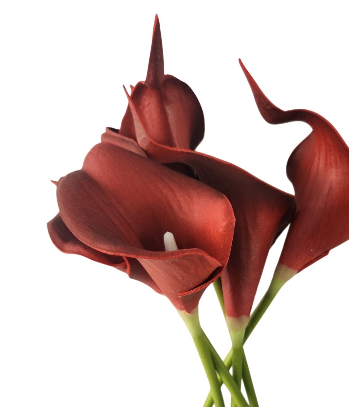 Burgundy Calla Lily Stems Faux Floral Bouquet Wine Red Flowers 5 Stem Bunch Mood