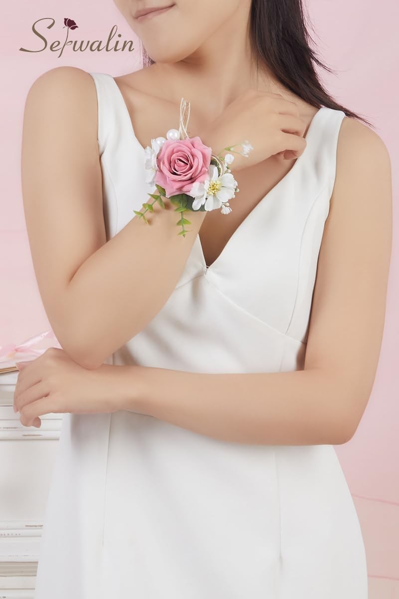 6 PCS Pink Rose Wrist Corsages Wedding Prom Homecoming Party Hand Decor Bride