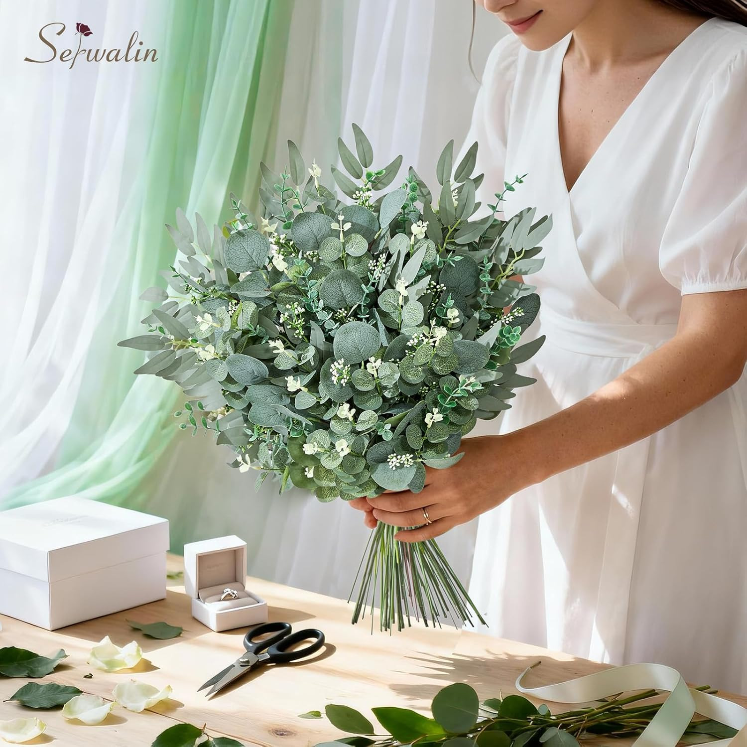 100Pcs Artificial Greenery Stems, Faux Eucalyptus Stems Bulk with Fake Leaves, M