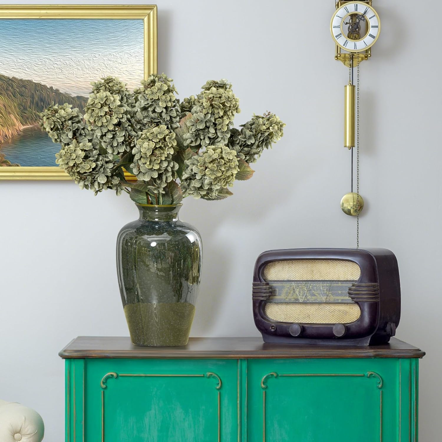 Green Silk Hydrangea Flowers – 8 Pcs Faux Fall Bouquet for Home Decor