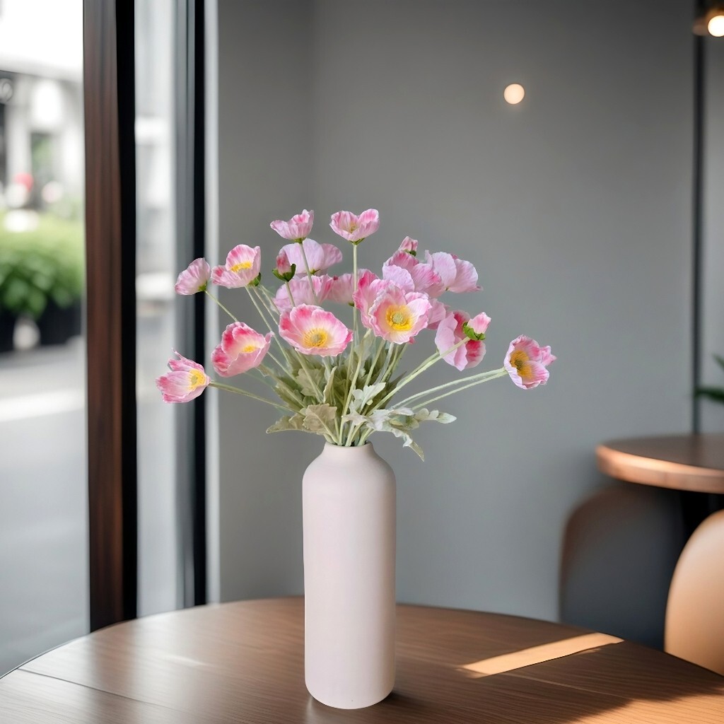 6-Piece Artificial Poppy Bouquet – Realistic silk frost 25.2”pink white