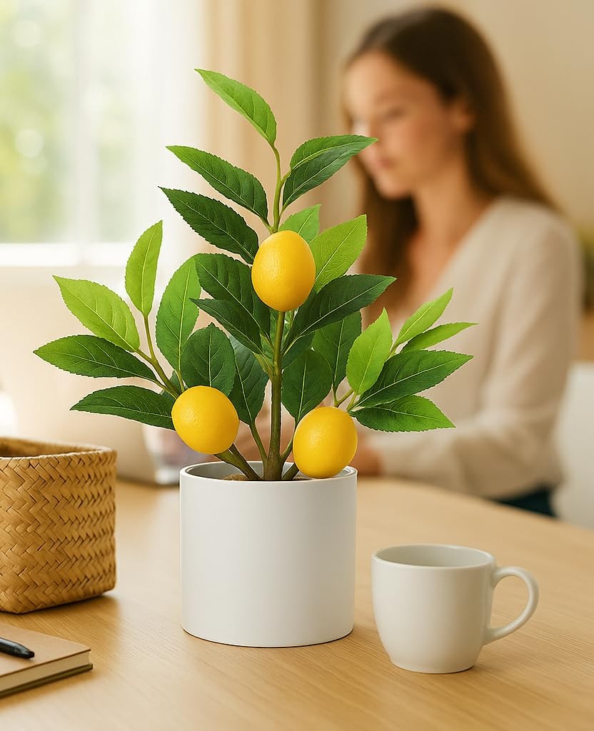 Realistic Small Fake Lemon Tree for Lemon Decor, 14.6 Inches Artificial Lemon…