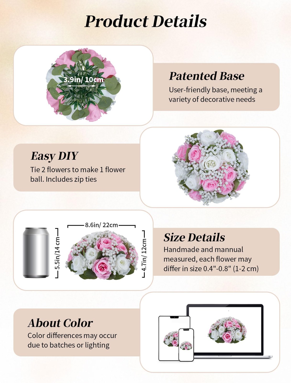 2 PCS Fake Pink Rose Baby’s Breath Artificial Flower Ball Centerpieces For Table