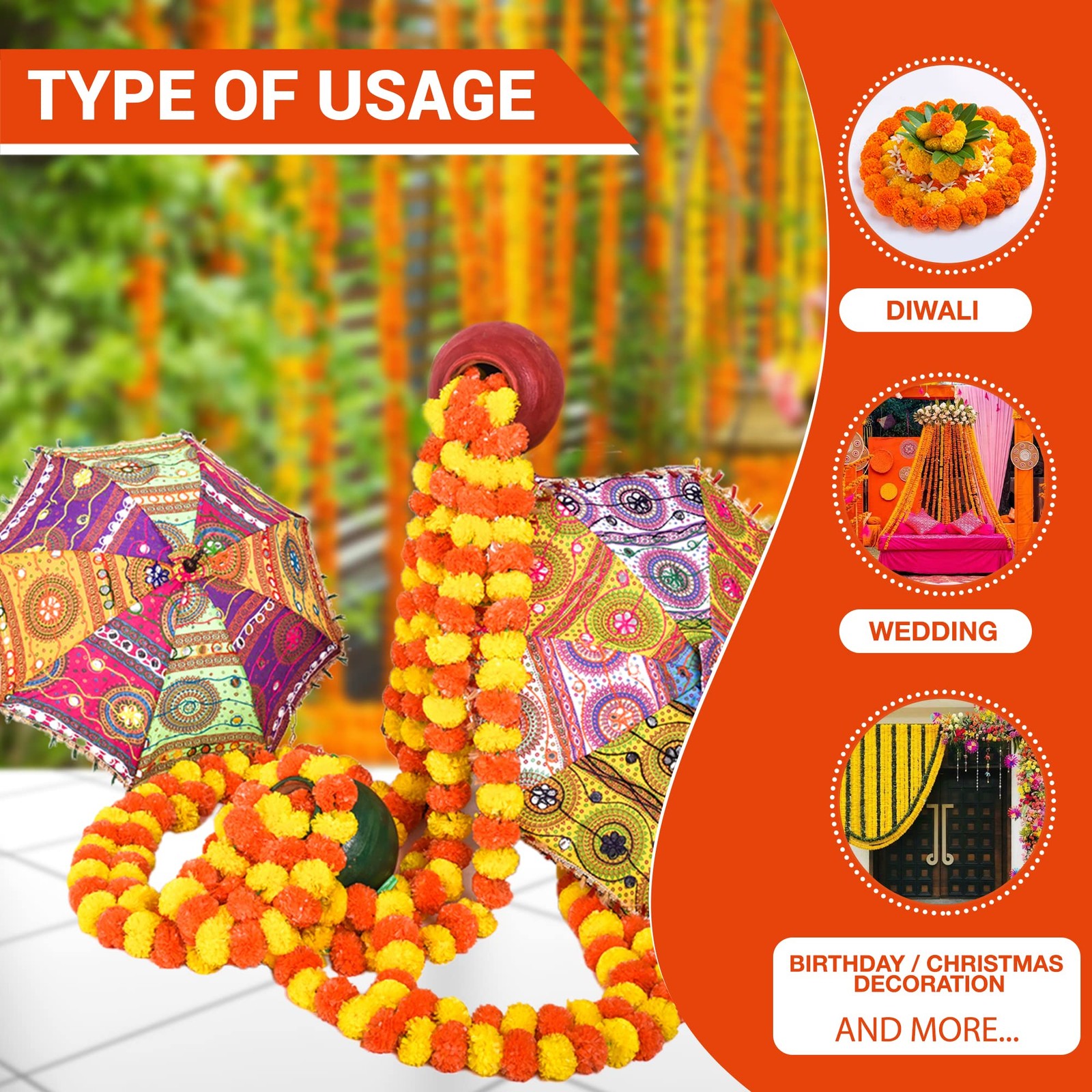 Marigold Garland for Decoration 5 Pcs of 5 feet Long Strands Artificial Marig…