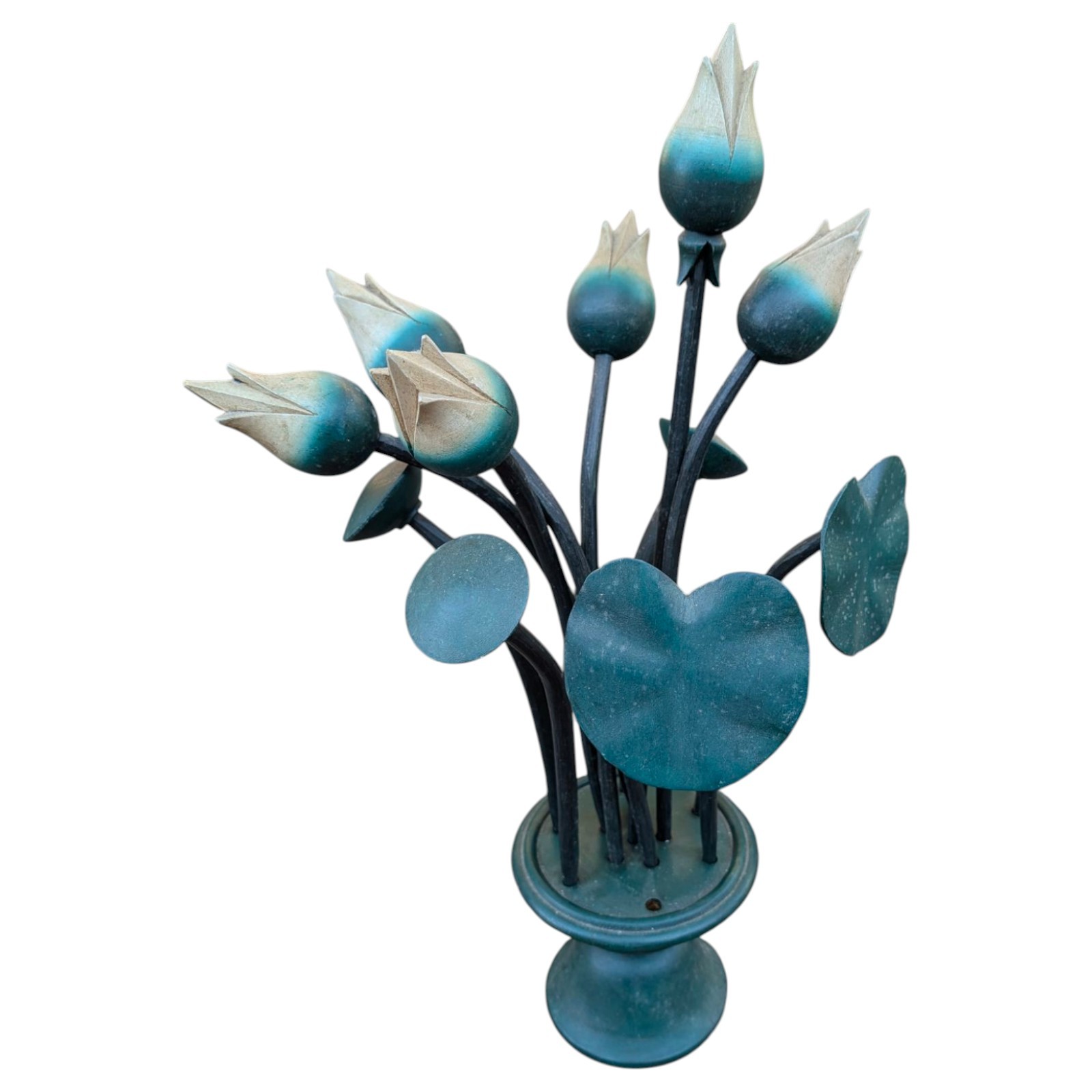 Vintage Mid Century Green Hand Carved Wooden Tulip On A Wooden Flower Frog Base