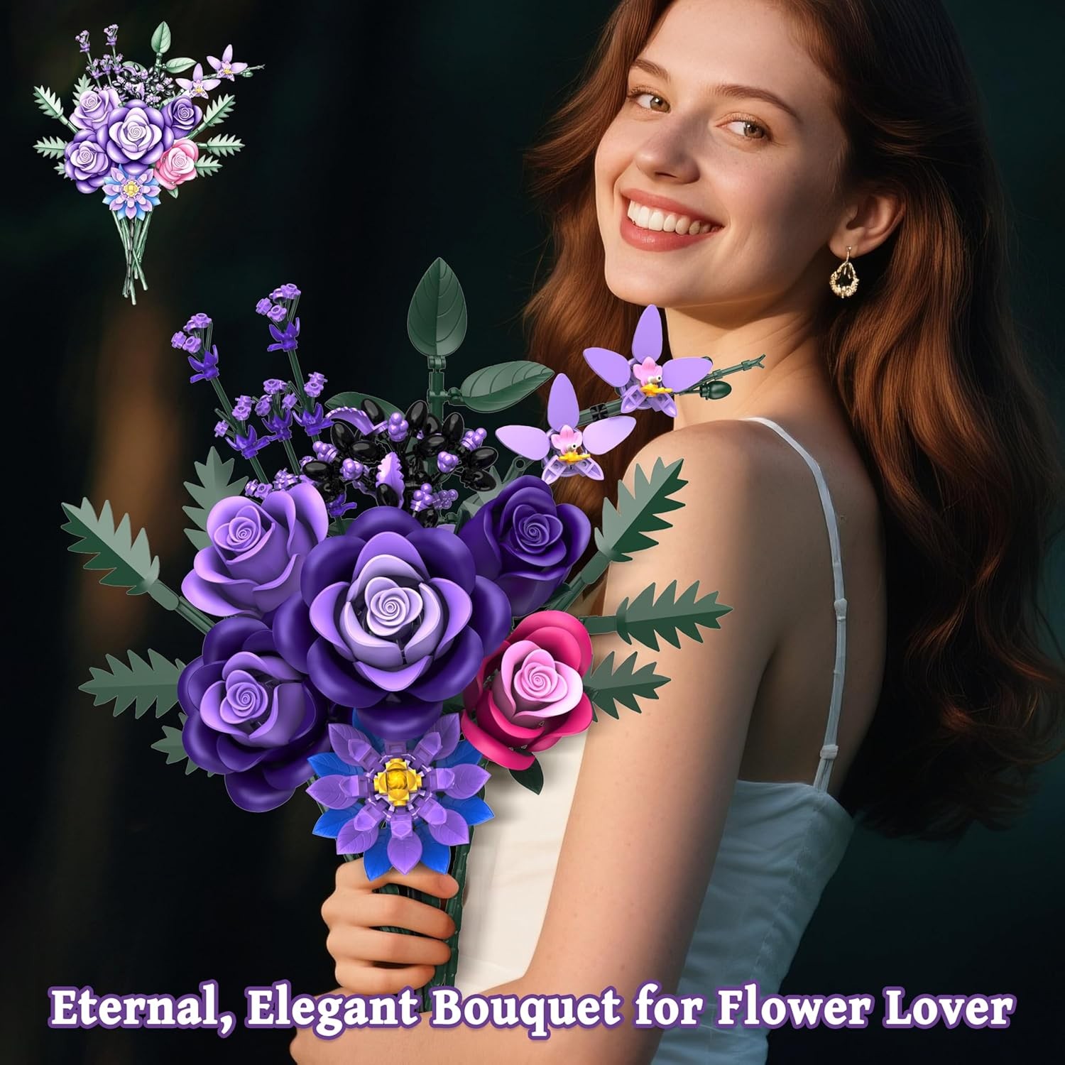 Purple Roses Flower Bouquet Building Sets, 834PCS Artificial Flowers Botanical C
