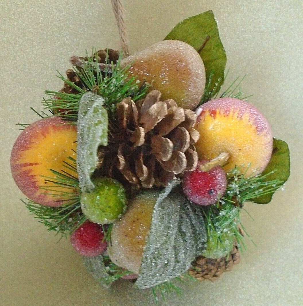 Fig & Magnolia Pinecone & Icy Beaded Faux Fruit Ball Shaped Hanging Topiary