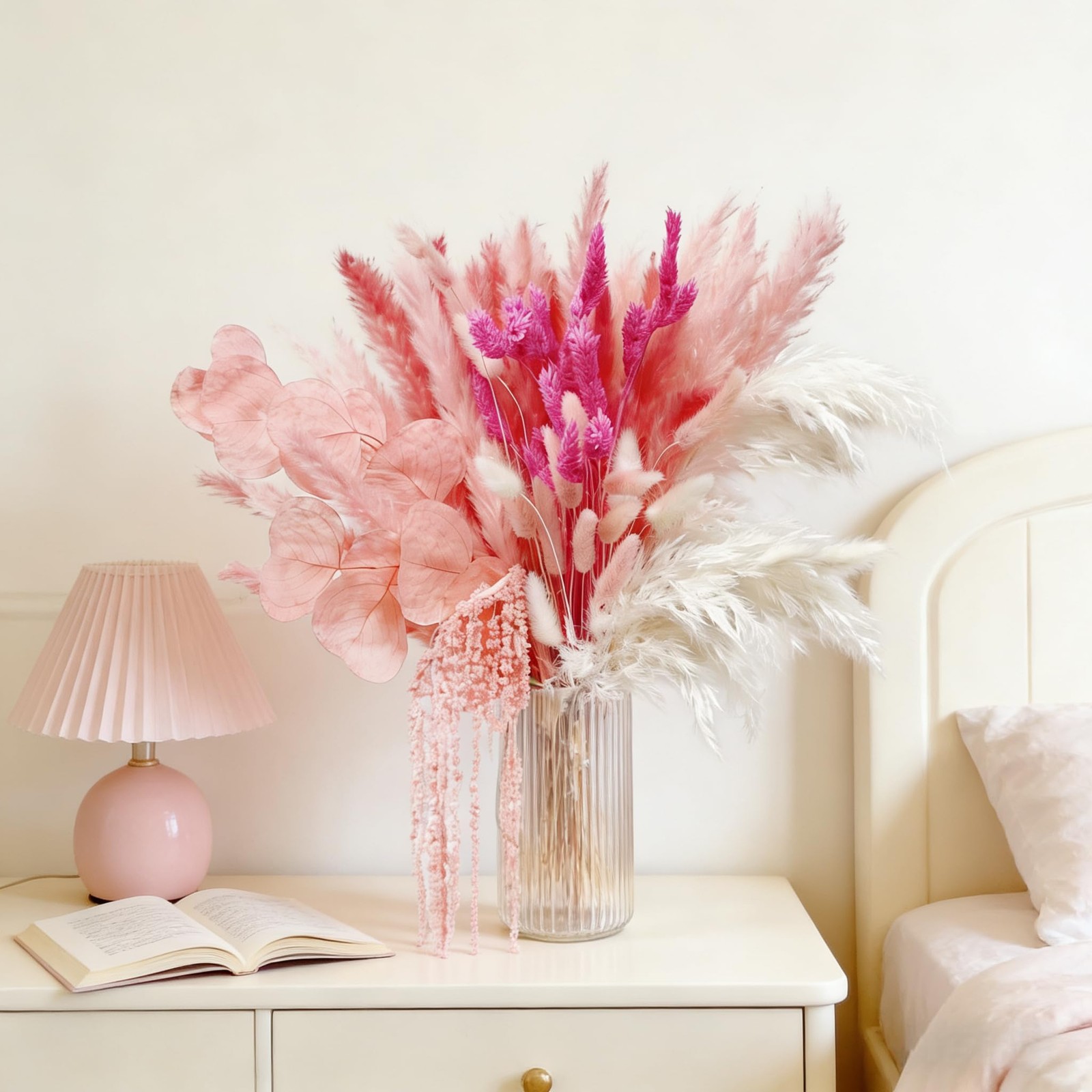 70 PCS Pink Dried Pampas Grass Bouquet Fluffy Plants Amaranthus Bunny Tails