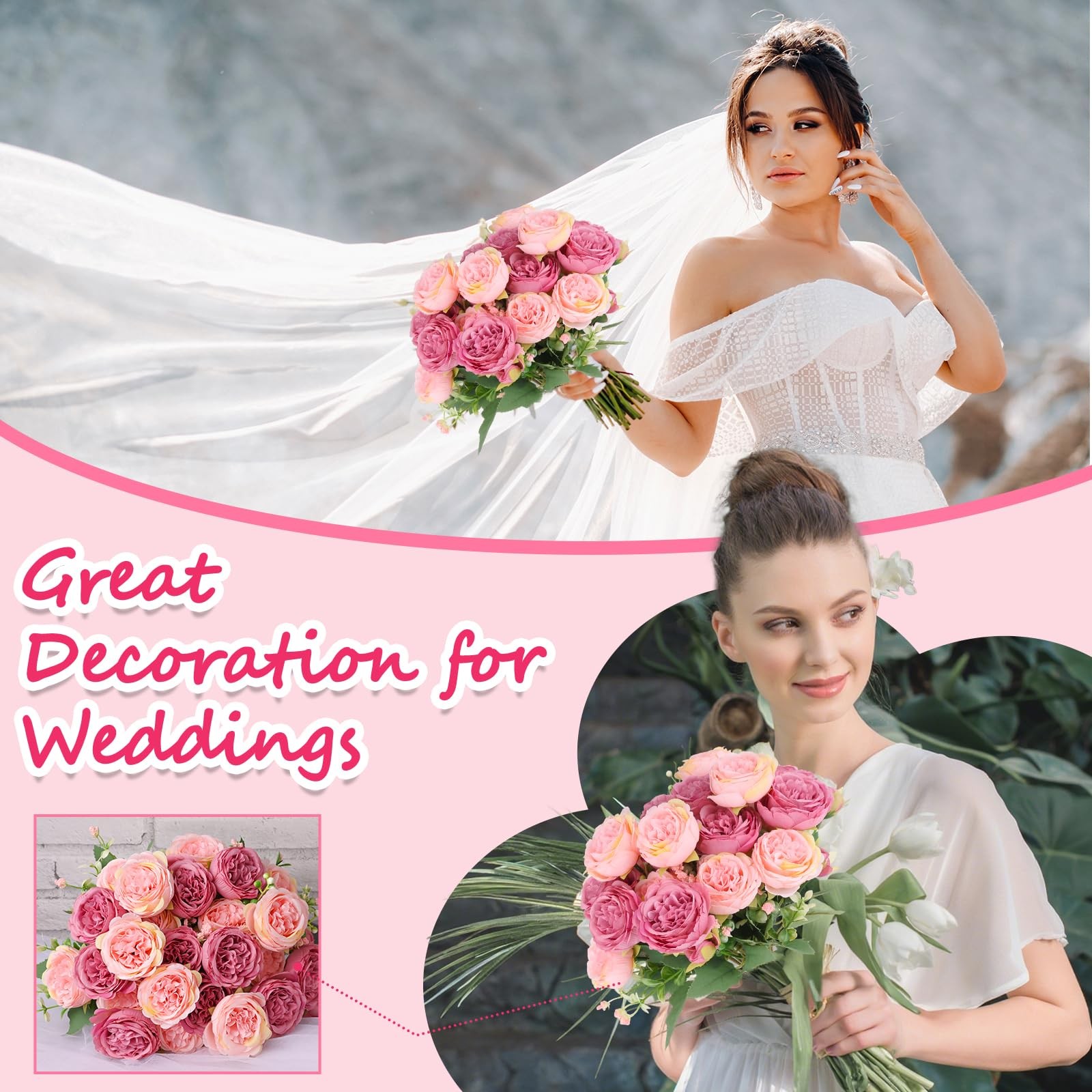 12 PCS Pink Artificial Peony Flowers Silk Fake Bridal Bouquet Home Centerpiece