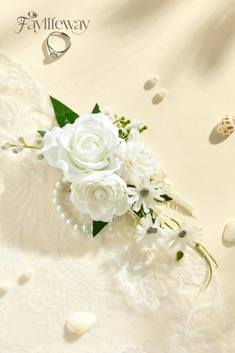 2 PCS White Rose Boutonniere & Wrist Corsage Set Wedding Prom Homecoming