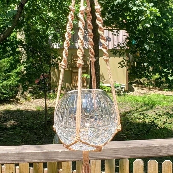 MCM Bohemian Clear Cut Crystal Rose Bowl & Brown Macrame Plant Hanger SET