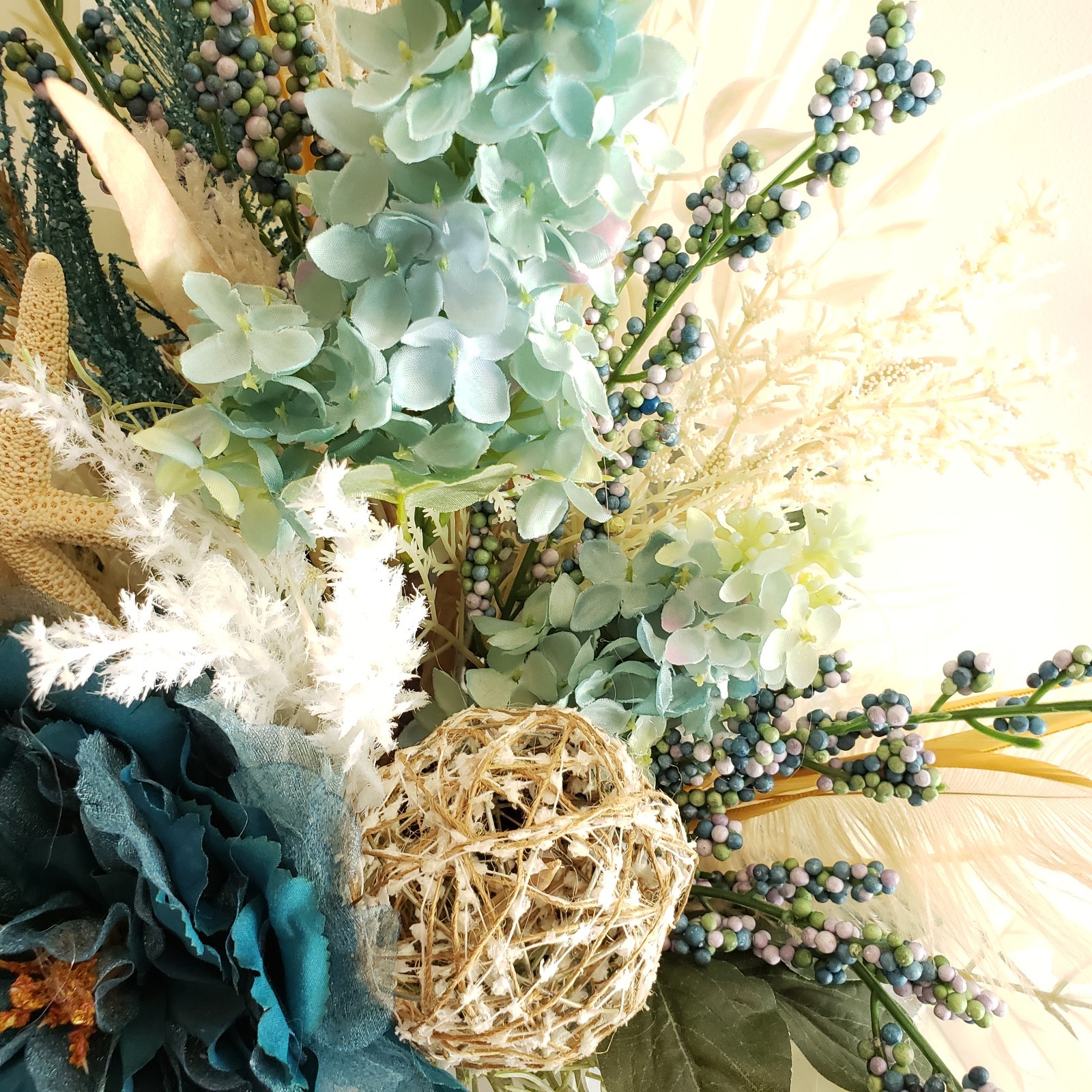 Coastal Blue Floral Arrangement, Beach House Decor with Starfish