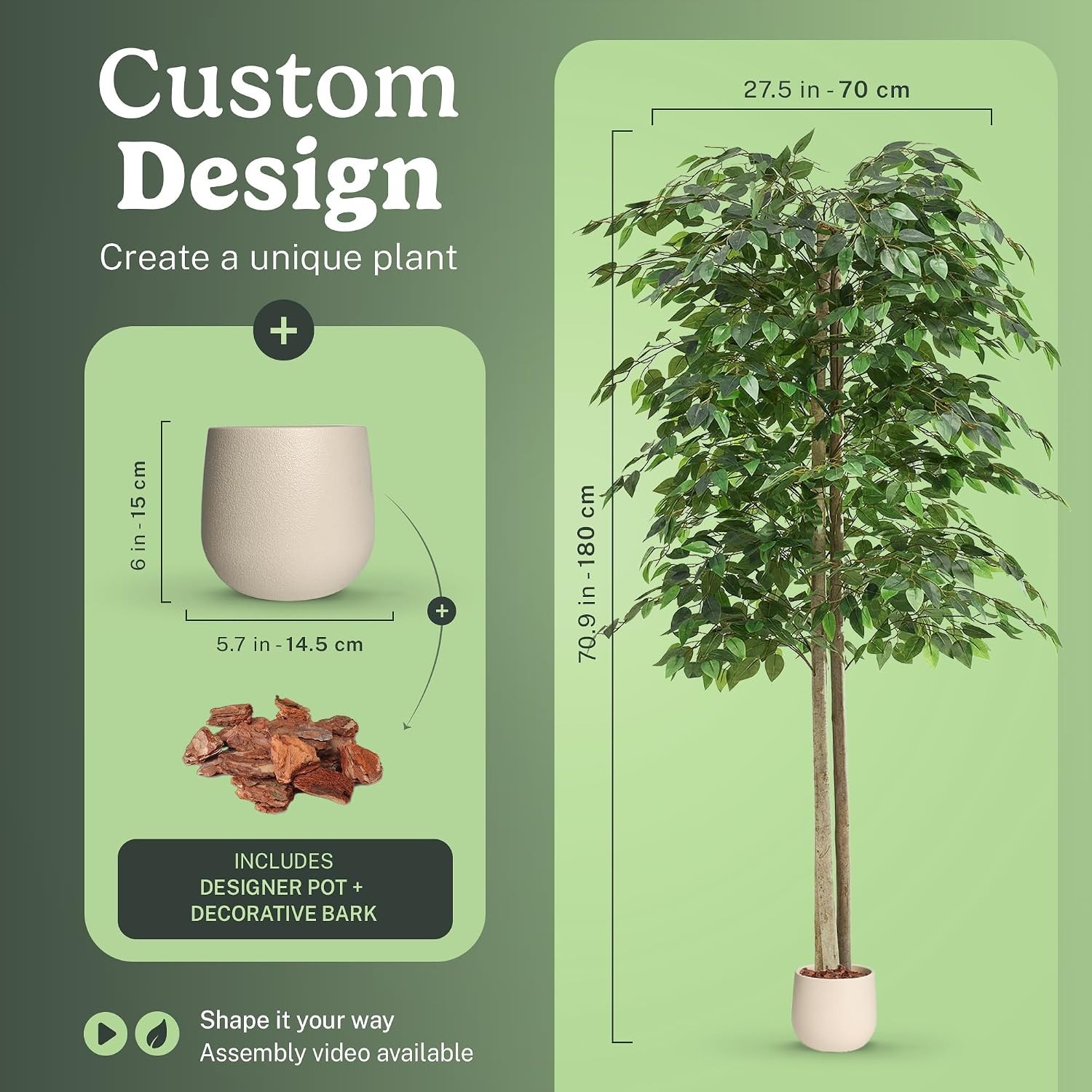 Tall Faux Ficus Plants 6ft Pre Potted with Wood Chips for Home and Office Decor