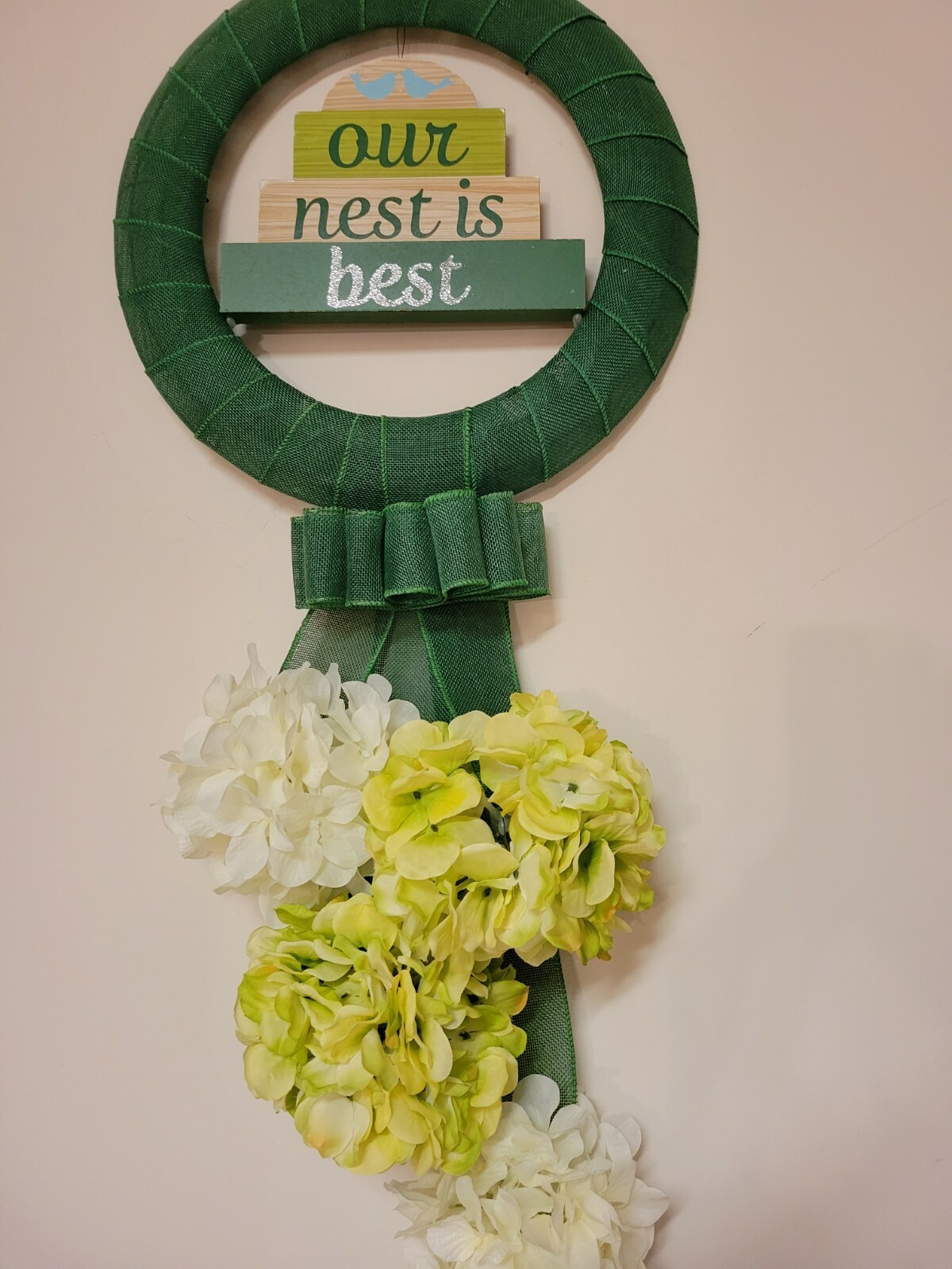 OUR NEST IS THE BEST wreat WHITE GREEN Hydrangeas burlap Decor Front Door SUMMER
